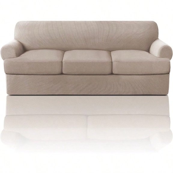 T Cushion Sofa Slipcover 4 Pieces Sofa Covers for T Cushion Couch Soft Sofa Slip Covers Furniture Protector with 3 Individual T Shape Seat Covers Width Up to 88 Inch Sand