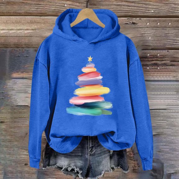 UPPADA Womens Christmas Graphic Hoodies Cute Funny Xmas Tree Print Sweatshirt Casual Comfy Loose Pullover Tops Womens Hoodies Pullover with Design Blue,XXL