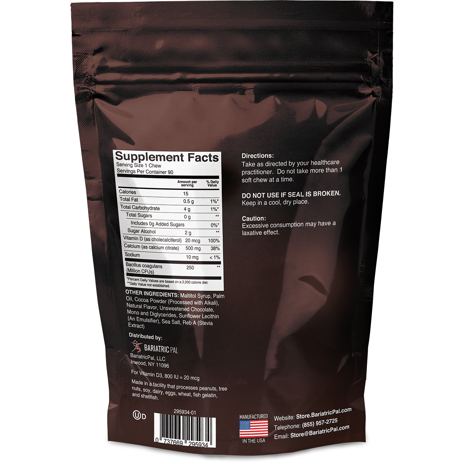 BariatricPal Sugar-Free Calcium Citrate Soft Chews 500mg with Probiotics - Chocolate Mint Size: 90ct
