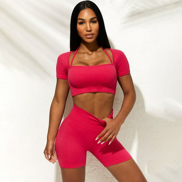 facefd High Waist Yoga Leggings Set Seamless Ribbed Crop Tank for Outdoor Fitness