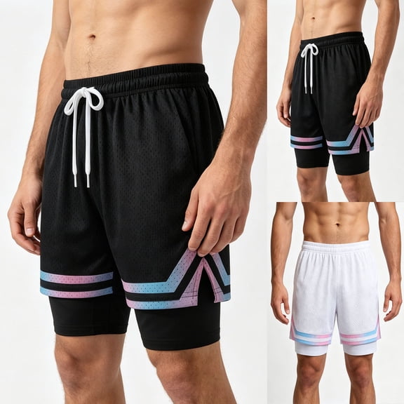 Daiosportswear Men'S 2-In-1 Basketball Shorts, Elastic Drawstring Waist Mesh Polyester Shorts with Gradient Trim White 10(XL)