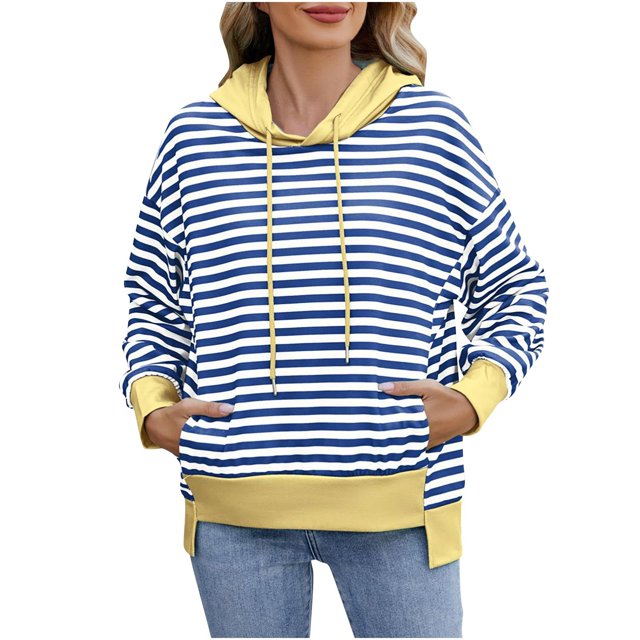 Wlynlyn Hoodies for Women Long Sleeve Drawstring Striped Sweatshirt Loose Fitting Color Blocked Pullover Top with Pockets