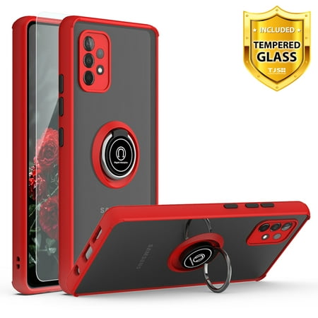 TJS Compatible with Samsung Galaxy A52 5G/A52 4G/A52s Case, with [Tempered Glass Screen Protector] Impact Resistant Metal Ring Magnetic Support Kickstand Heavy Duty Protector Phone Cover (Red)