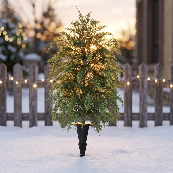 BUTASY Outdoor Christmas Tree, 24In Artificial Cedar Topiary Christmas Trees with Ground Spikes, UV-Resistant Faux Cypress Shrub for Xmas Porch Patio and Garden Decor