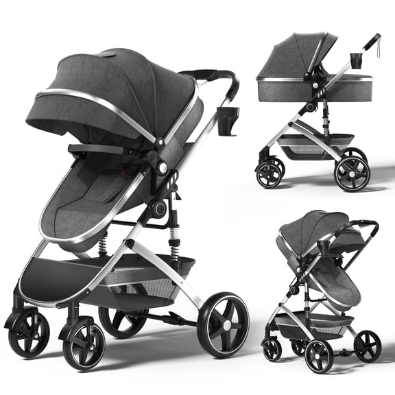 babyeap 2 in 1 Baby Stroller,Foldable Lightweight Carriage Reversible Bassinet Pram for Toddler,Travel Stroller with with Cup Holder,Gray