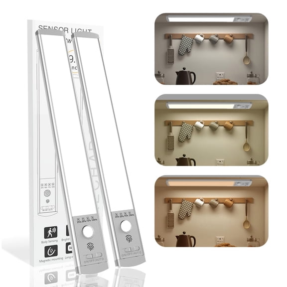Behome 2 Pack Under Cabinet Lighting, 9.5’’ Rechargeable Motion Sensor Light Indoor with 3 Colors and Stepless Brightness, Magnetic Closet Lights Wireless for Kitchen, Stairs, Hallway