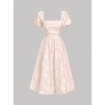 thumbnail image 3 of Pink Embossed Floral Midi Dress With Puff Sleeves Square Neck Fitted Waist, 3 of 8