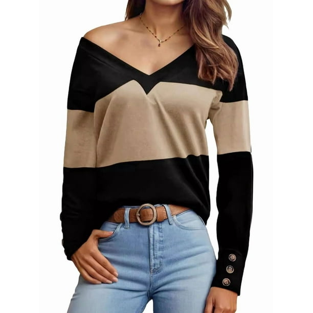 Blusas Elegantes e Informales para Mujer, con Bloques de Color, de Larga y Cuello en V, para Otoño. Camello M