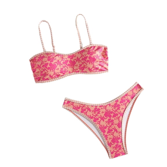 Womens Bikini Sets Hawaiian Print Spaghetti Strap Sleeveless Triangle Top Tied Side Bottoms 2 Piece Tankini Outfit for Summer Beach Hot Pink L