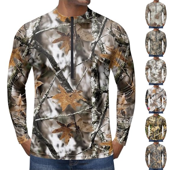 Realistic Camo Quarter Zip Pullover for Men, Long Sleeve Hunting Fishing Jersey with Moisture Wicking Quick Dry Fabric - Lightweight Outdoor Athletic Performance Tops Bronze L