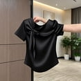 thumbnail image 4 of Jerdar Satin Blouses for Women Dressy Casual Trendy Business Work Silk Tops Outfits Cowl Neck Bow Tie Pleated Summer Shirts L, 4 of 6
