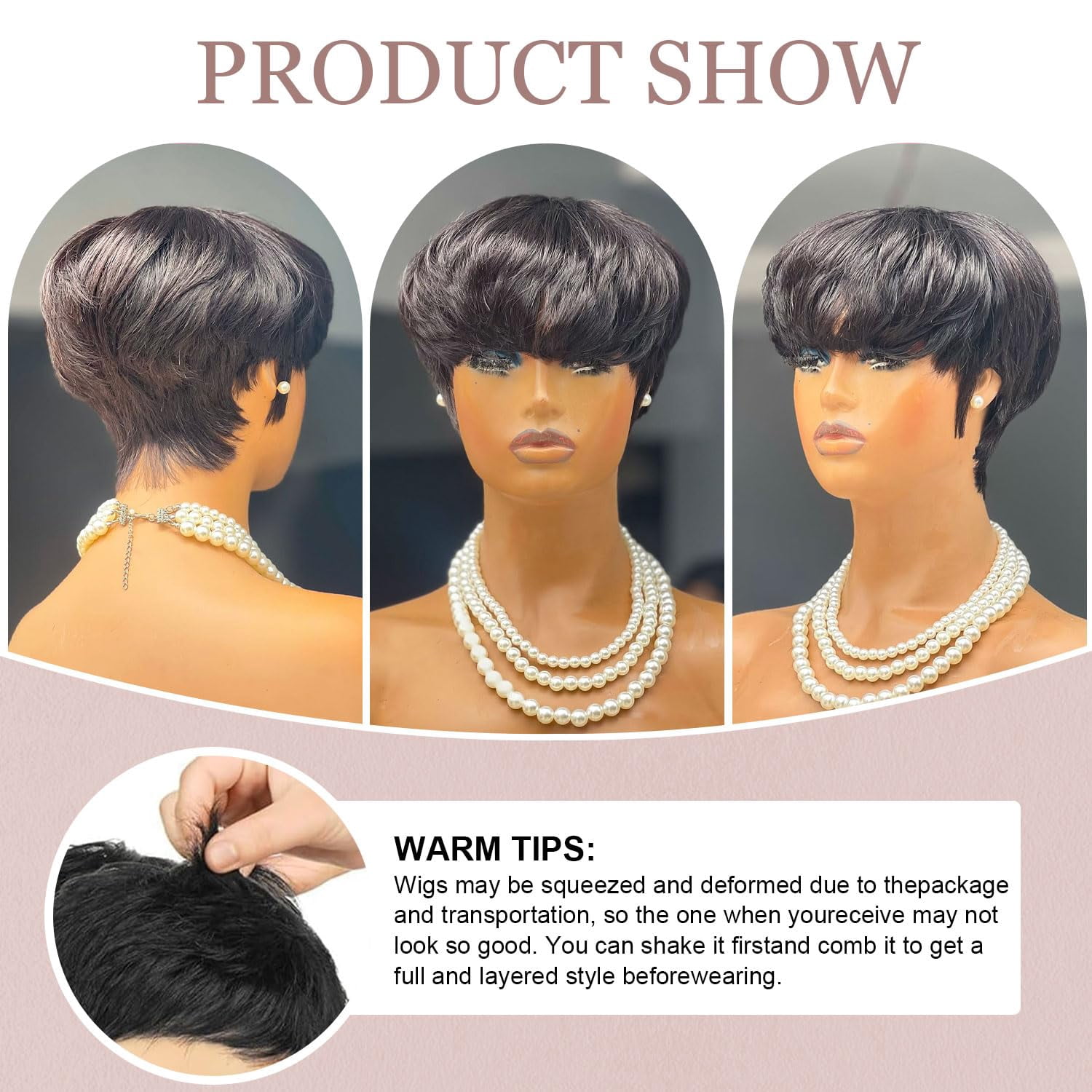 Short Straight Pixie Cut Wig Ombre 1B# Human Hair With Bangs 150% Density Full Machine Made Wigs For Women