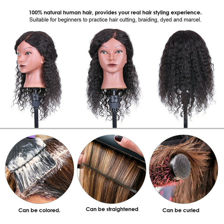 Carevas Curly Hair Mannequin Head Hairdressing Training Head for Hair Styling Practice Hair Braiding Dummy Head with 100% Human Hair Black, Women's