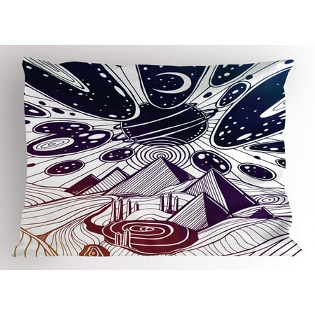 Pyramid Pillows For Reading Abstract Pillow Sham, Dream Desert Landscape with Surreal Sky Planets Meteors and Pyramids Print, Decorative Standard Queen Size Printed Pillowcase, 30