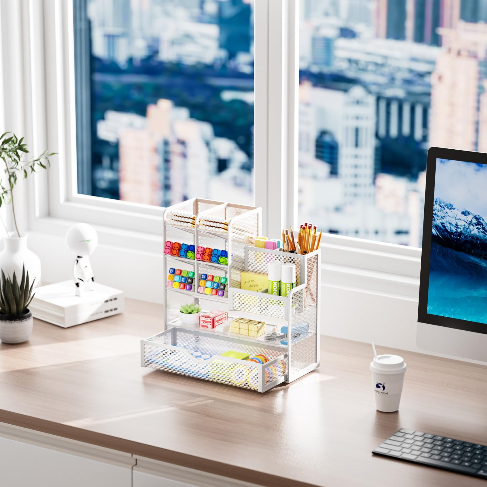 Marbrasse Mesh Pen Holder for Desk, Desk Organizer with Drawer, Multi-Functional Pencil Organizer, Accessories for Office Art Supplies (White)