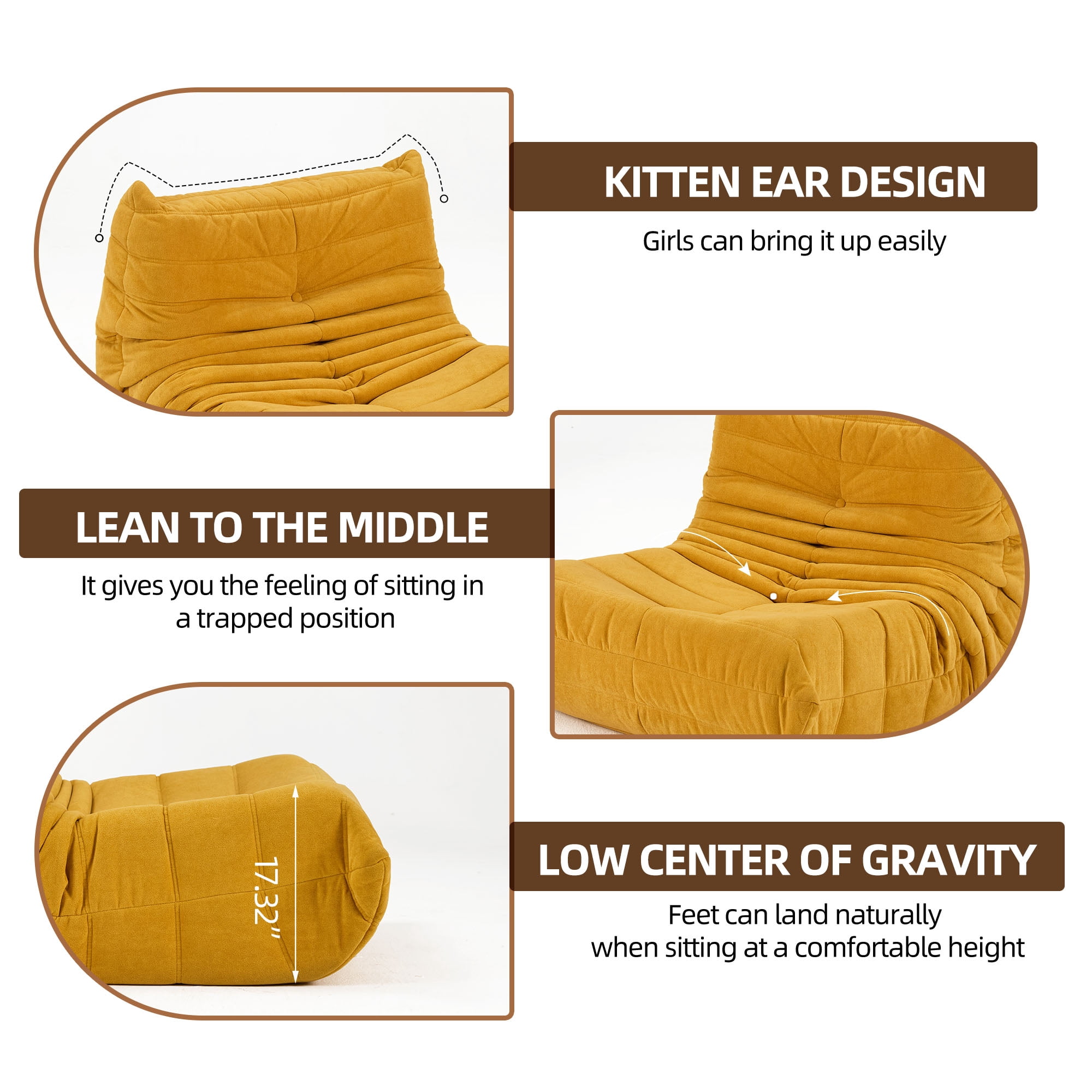 Bean Bag Chairs, Memory Foam Bean Bag Chair for Adults Velvet Lazy Sofa Chair lounger for Living Room, Yellow