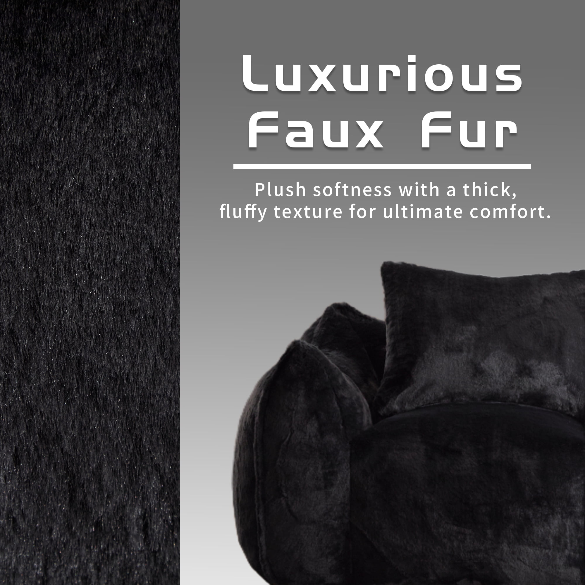 Aukfa Faux Fur Loveseat, 25" Deep Seat Giant Bean Bag Sofa for Living Room, Black