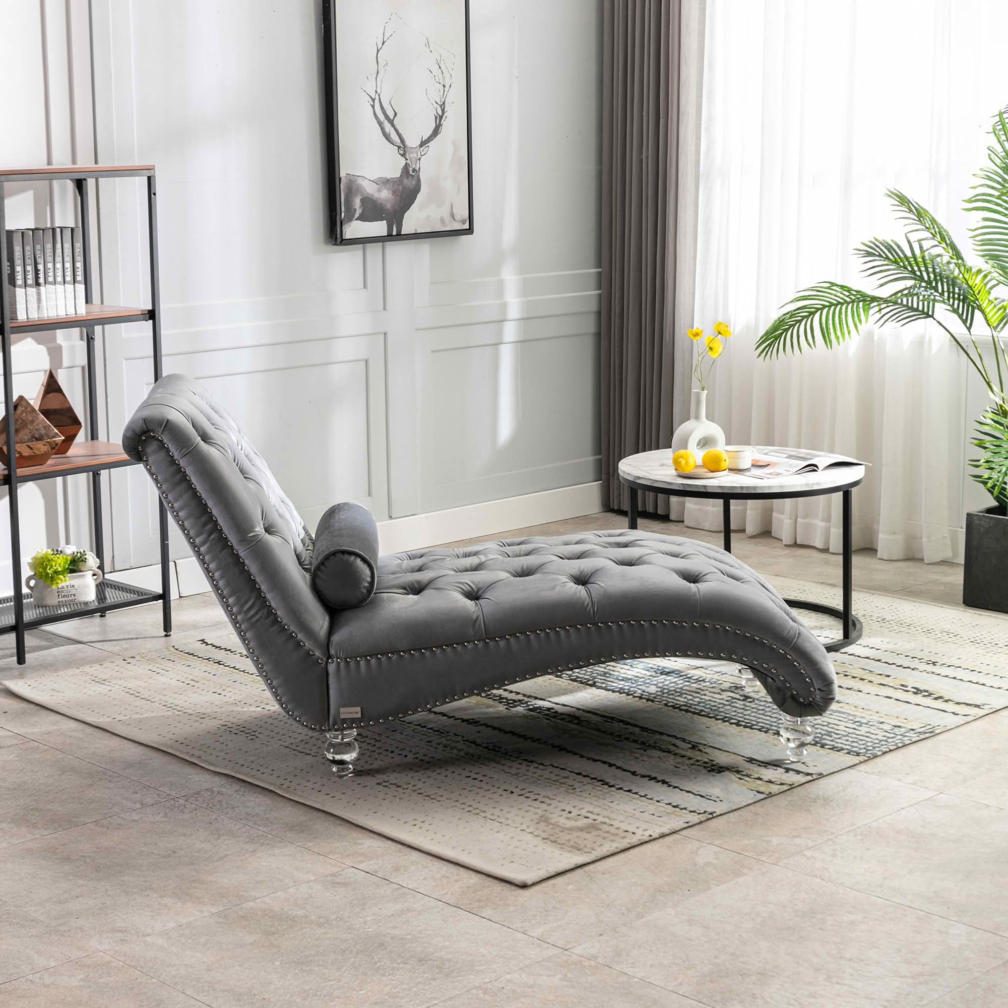 MAYEERTY Velvet Button Tufted Chaise Lounge with Pillow, Ergonomic S-Shape Indoor Lounge Chair with Wood Frame Acrylic Legs for Bedroom Living Room Office
