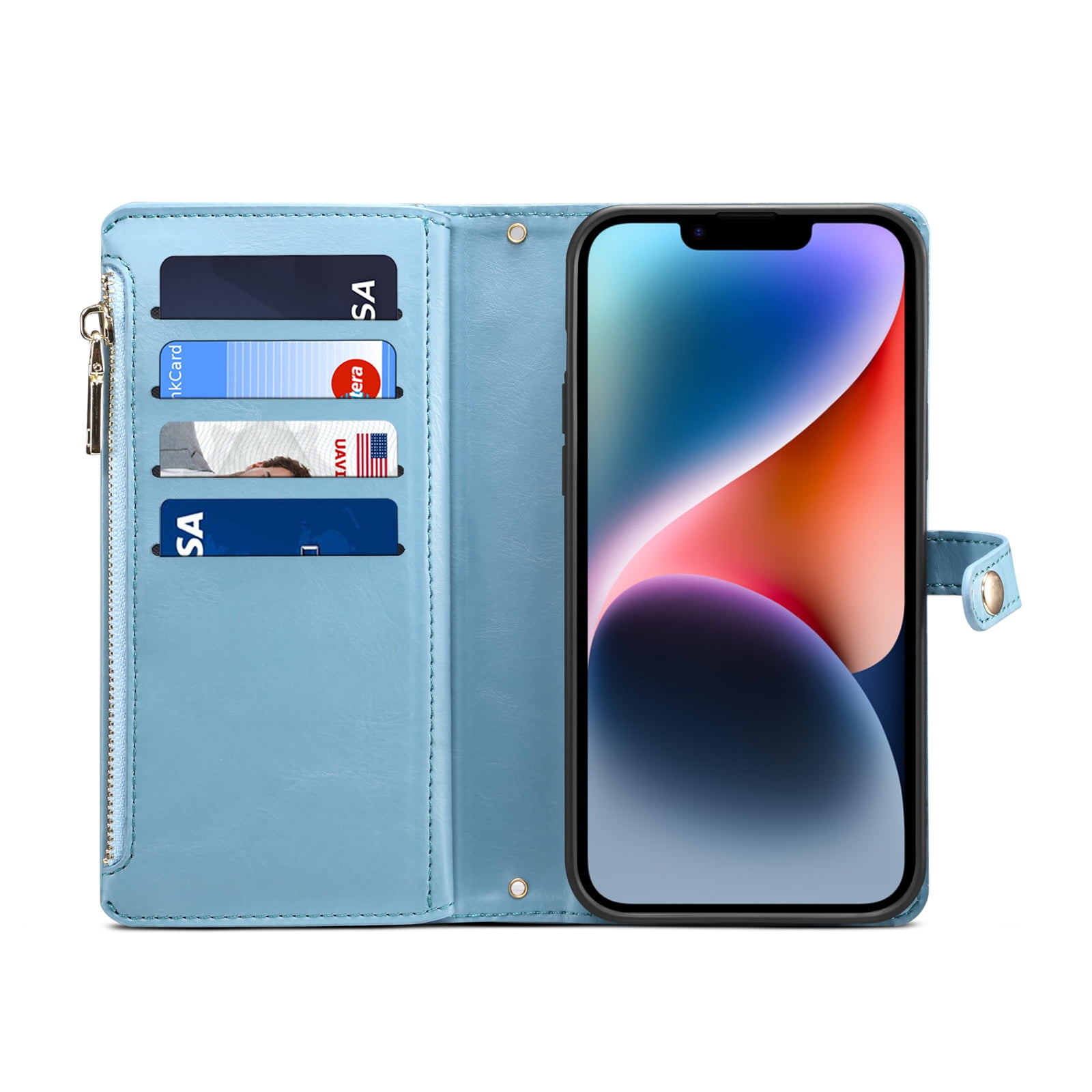 Dteck Wallet Case for iPhone 13 6.1 Inch, Leaf Pattern Luxury PU Leather RFID Blocking Card Slots Holder Zipper Pocket Flip Case with Kickstand Magnetic Crossbody Strap Phone Cover,Blue