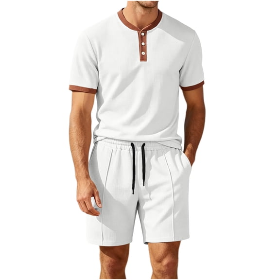 hotojiny Men's 2 Pieces Set Short Sleeve Henley Shirts and Comfortable Shorts Set Summer Beach Vacation Outfits(White,X-Large)