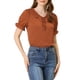 thumbnail image 1 of Blusa de cuello con lazo y volantes para mujer Inspire Chic, con mangas abullonadas y puños con volantes, color marrón sólido, 1 of 5