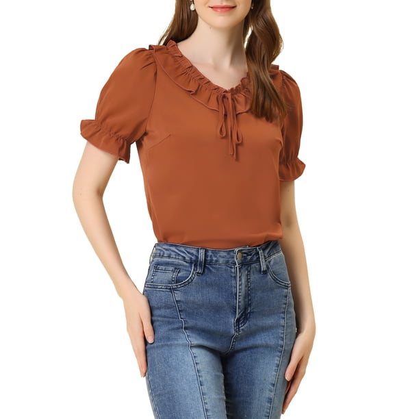 Blusa de cuello con lazo y volantes para mujer Inspire Chic, con mangas abullonadas y puños con volantes, color marrón sólido