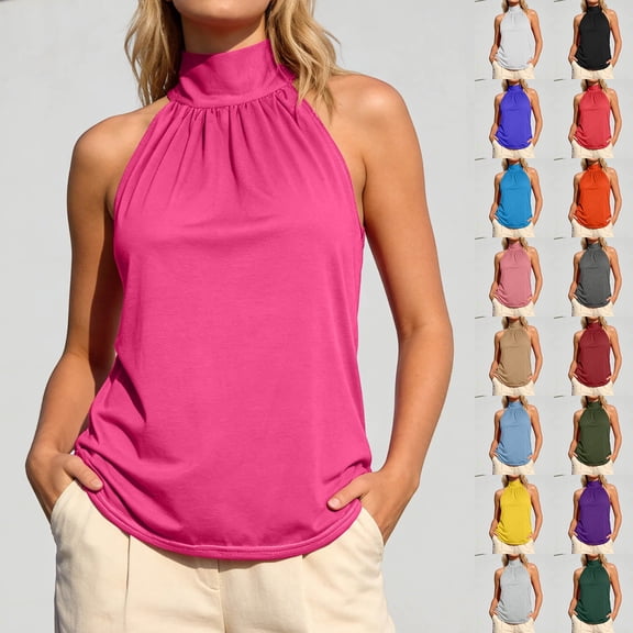 TrendOFT Halter Tank Top for Women Summer High Neck Tie Strap Camisole Tops Solid Sleeveless Dressy Casual Blouse Army Green L