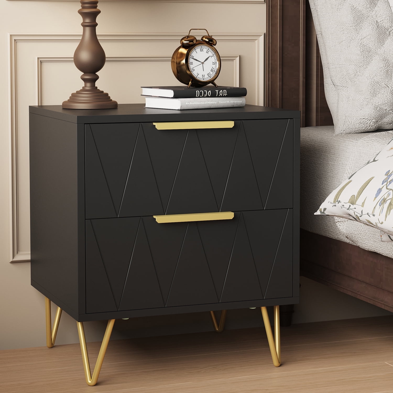 Behost Black Nightstand for Bedroom,Modern 2 Drawer Nightstand Bedside Table with Storage,2 Pack