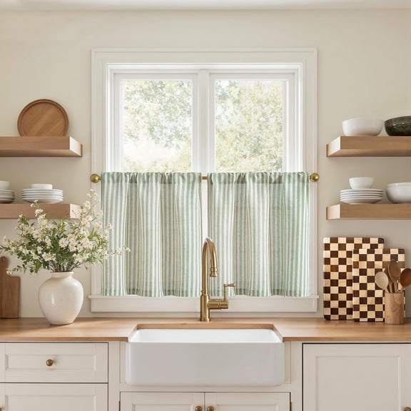 Striped Linen Kitchen Curtains 20 Inches Length Tier Curtains Farmhouse Modern Cafe Style Small Window Treatments Airy Light Filtering Rod Pocket for Living Room Bathroom 2 Panels Sage Green