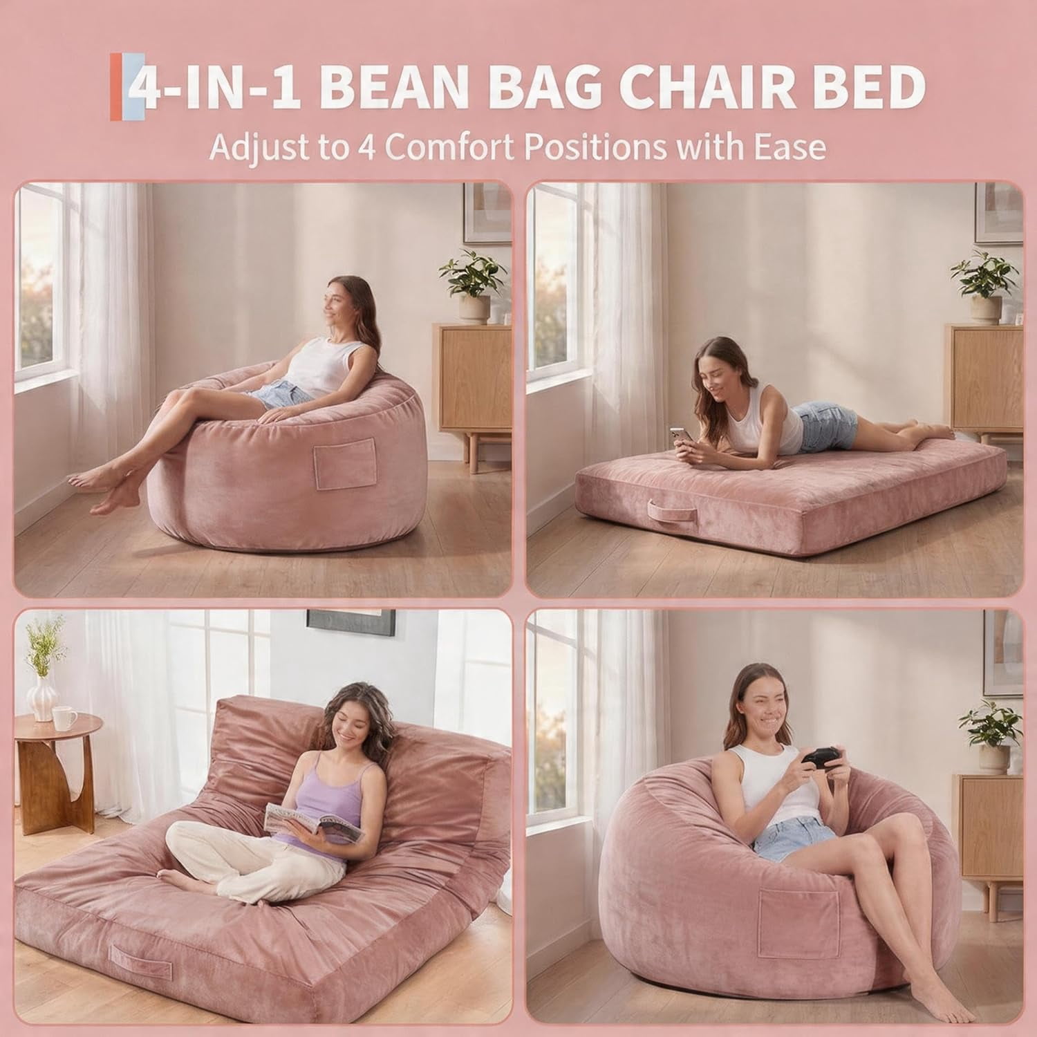 4 in 1 Convertible Bean Bag Chair Bed for Adults 4ft Large Beanbag Chair with High Memory Foam Filler and Removable Cover, Oversized Comfy Flannel Bean Bag Couch Bed Lazy Sofa for Adults Teen