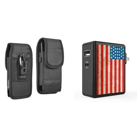 

Pouch and Wall Charger Bundle for OnePlus 10T 5G: Vertical Rugged Nylon Belt Holster Case (Black) and 45W Dual USB Port PD Power Delivery Type-C and USB-A Power Adapter (Vintage American Flag)