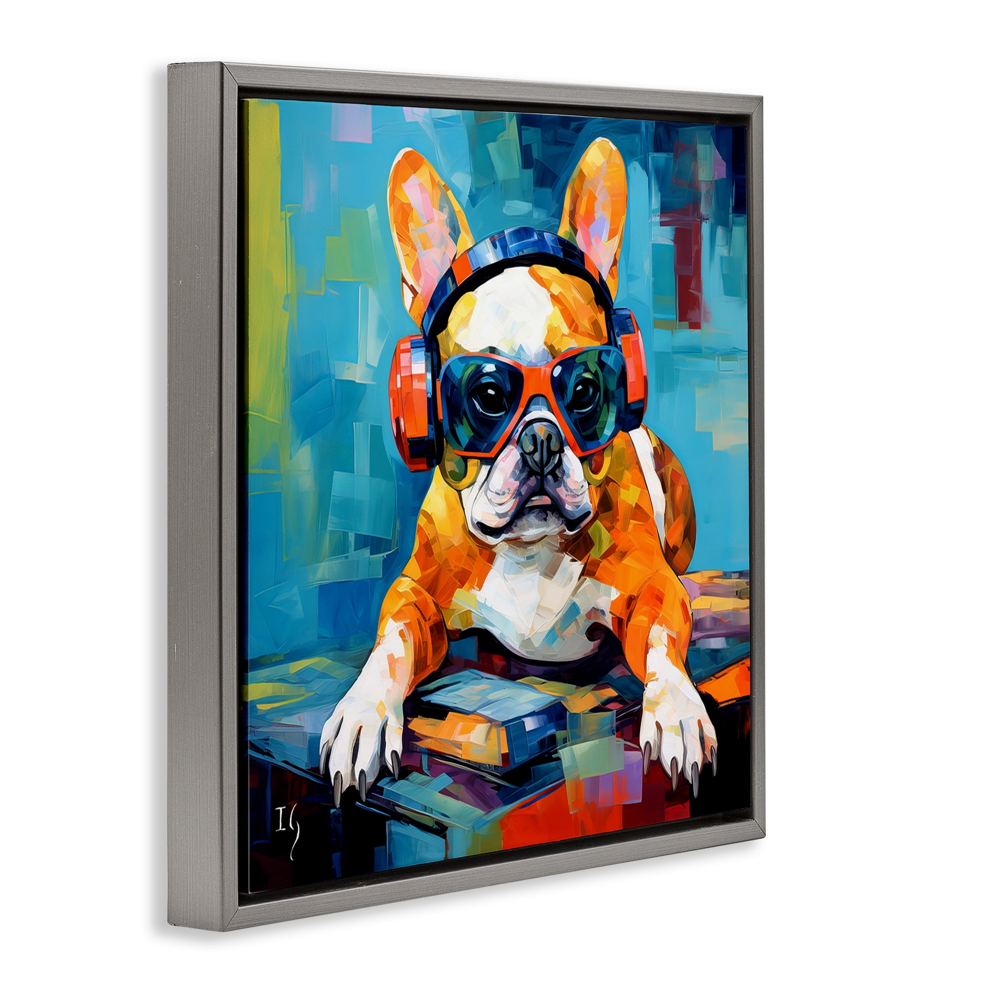 Stupell Industries French Bulldog with Headphones Animals & Insects Painting Gray Floater Framed Canvas Art Print Wall Art, 18 x 18