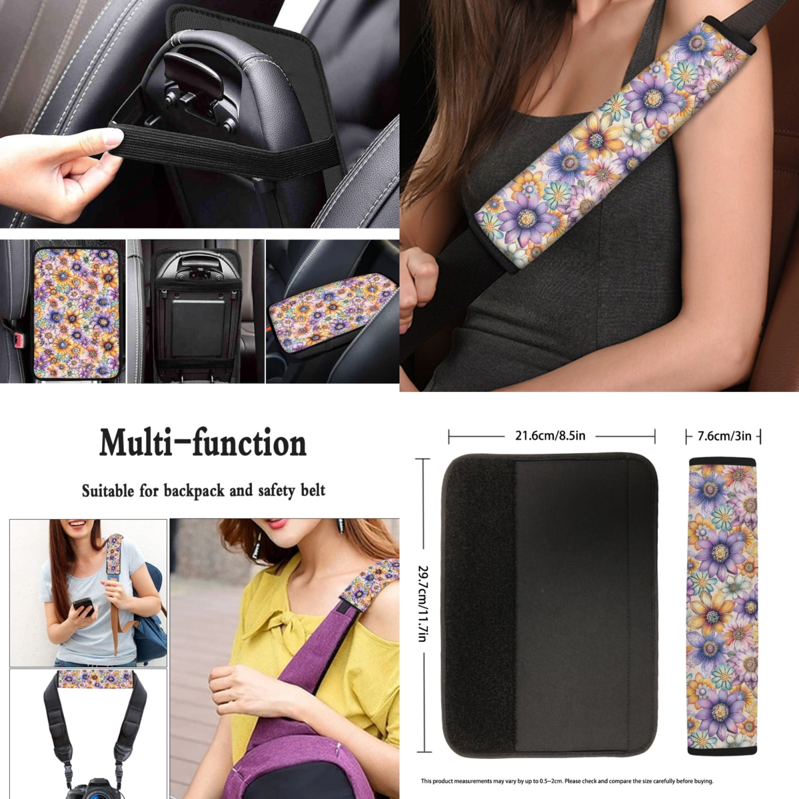 Yuyamidu Colorful Floral Car Seat Cover Full Set with Steering Wheel Cover Seat Belt Pads Armrest Cover Cushion Cup Holders Lip Gloss Holder Keychain for Most Vehicles Floral Auto Accessories