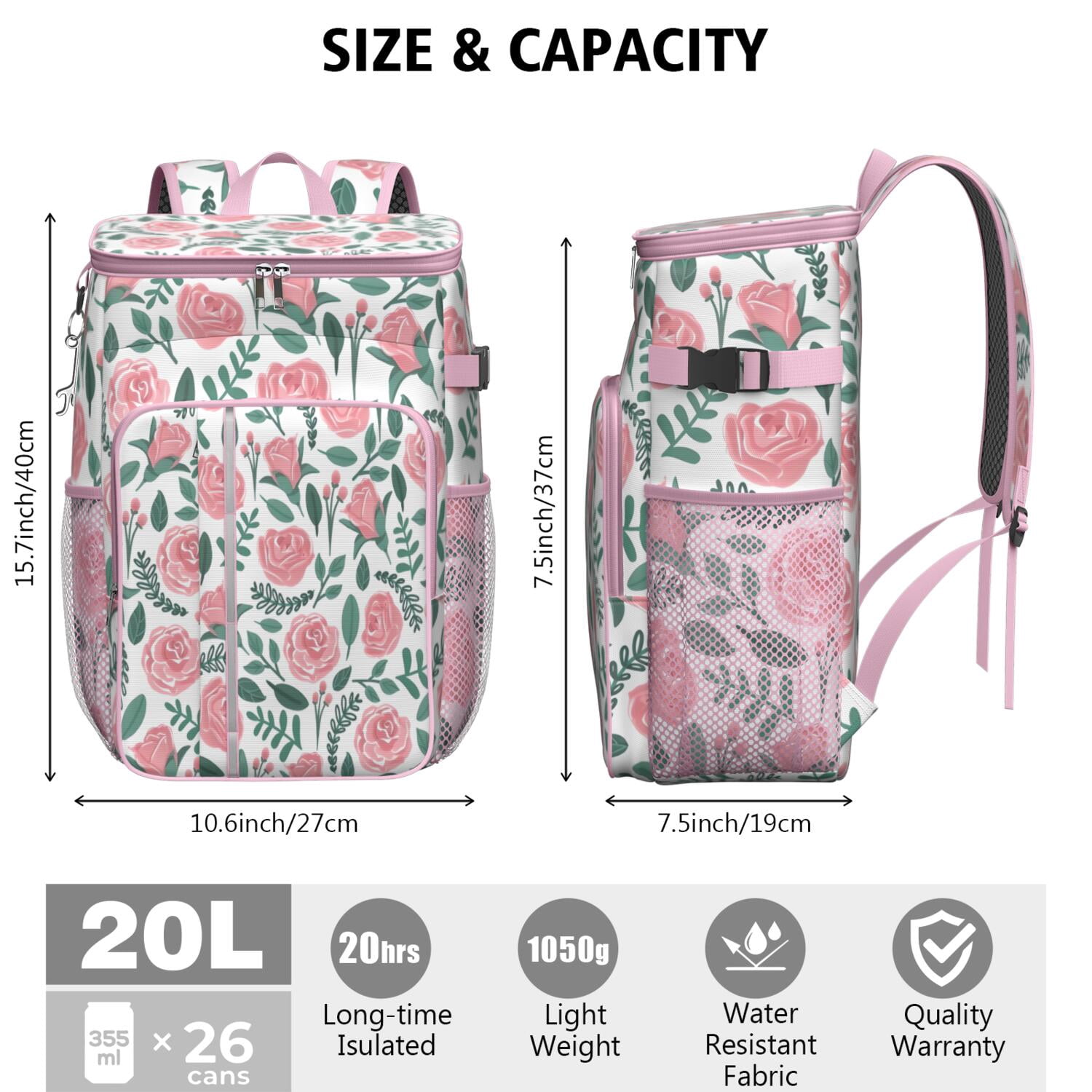 Travel Cooler Bag - Pioneer Flower Floral Print Pattern Camping Beer Cooler Backpack with Bottle Opener- Waterproof Insulated Picnic Backpacks - Cooler Bag for Beach