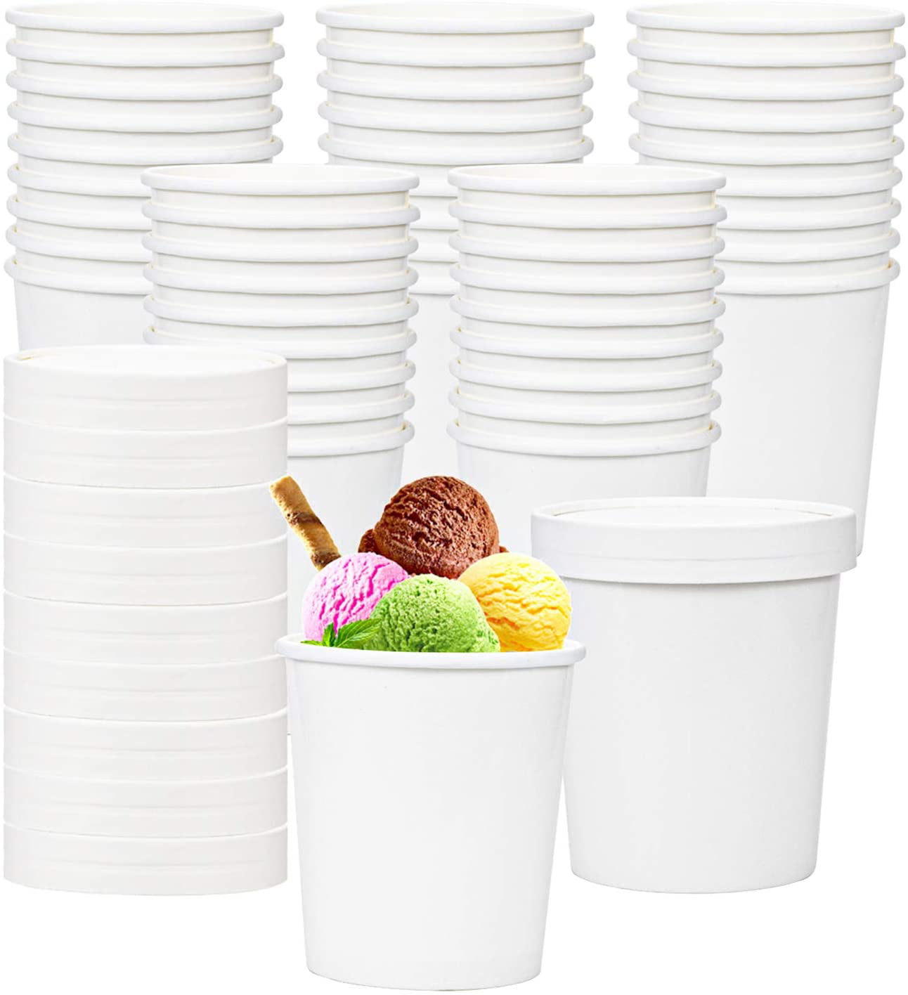 Hedume 60 Pack Paper Ice Cream Cups with 60 Pack Lids, 16 OZ 