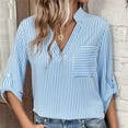 thumbnail image 3 of Jewelreauty Womens Striped 3/4 Sleeve V Neck Work Shirts Dressy Tops Casual Lightweight T-Shirts with Pocket (S, Blue), 3 of 7