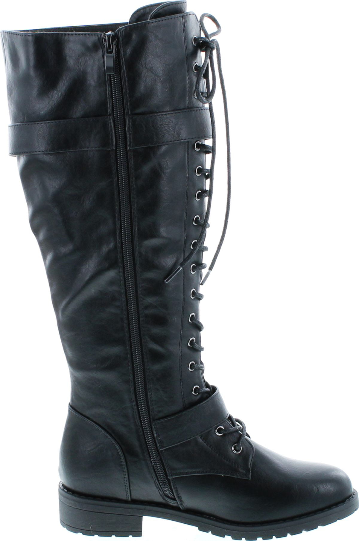 Details about   Women Knee High Boots Lace Up Combat Leather Buckle Straps Low Block Heel Shoes 