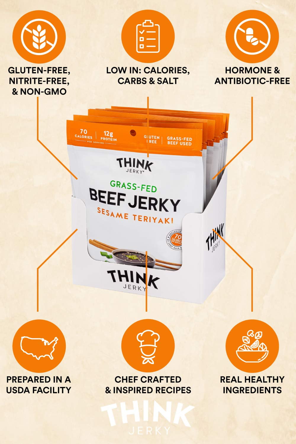 Think Jerky Sesame Teriyaki Beef Jerky, 1 Ounce, 48 Per Case