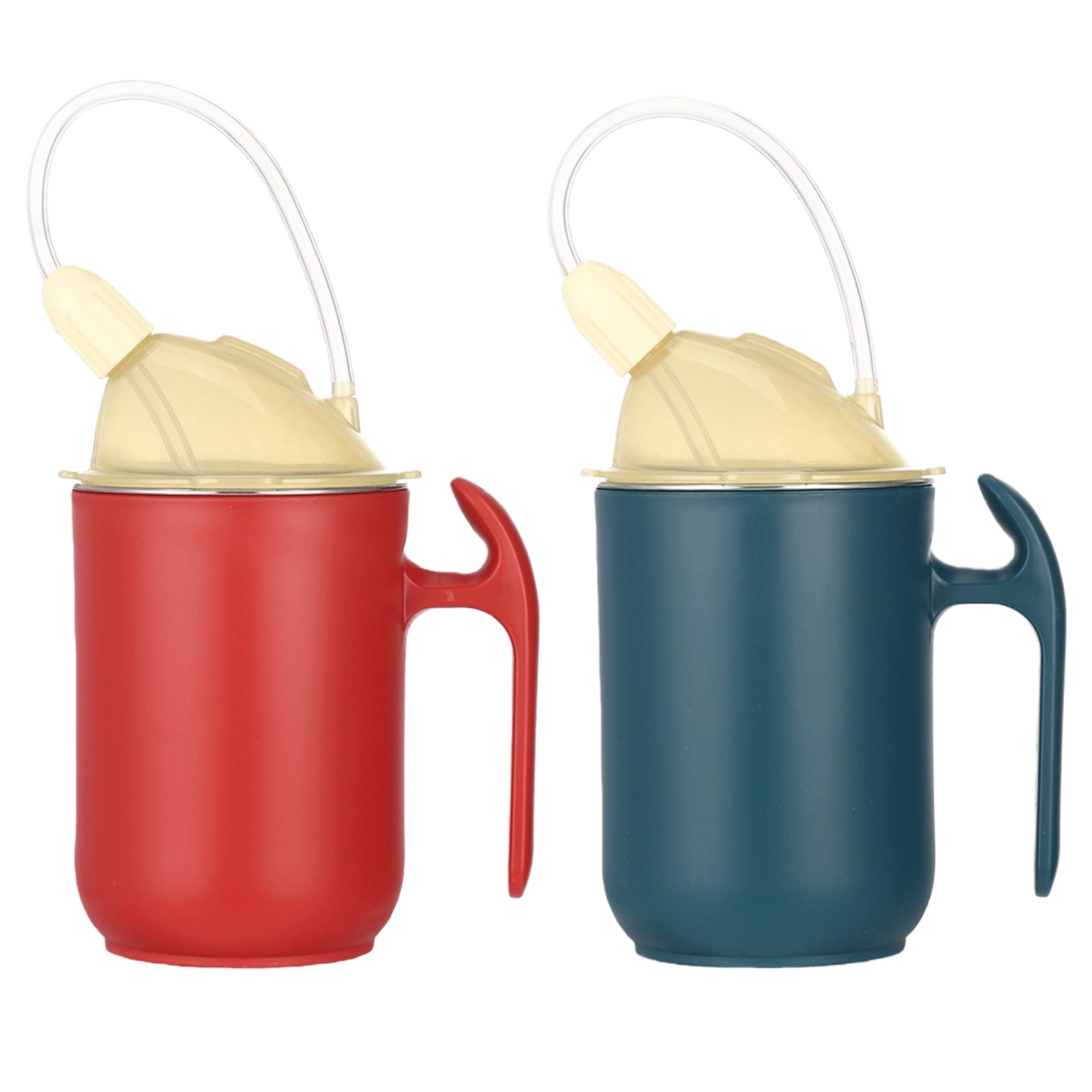 2 Pcs Elderly Sippy Cups, 13.5 fl oz Adult Sippy Cups with Straw, Double Lids, Spill Proof Cup for Bedridden Elderly, Caregiver Assistance (Deep Red+Deep Blue)