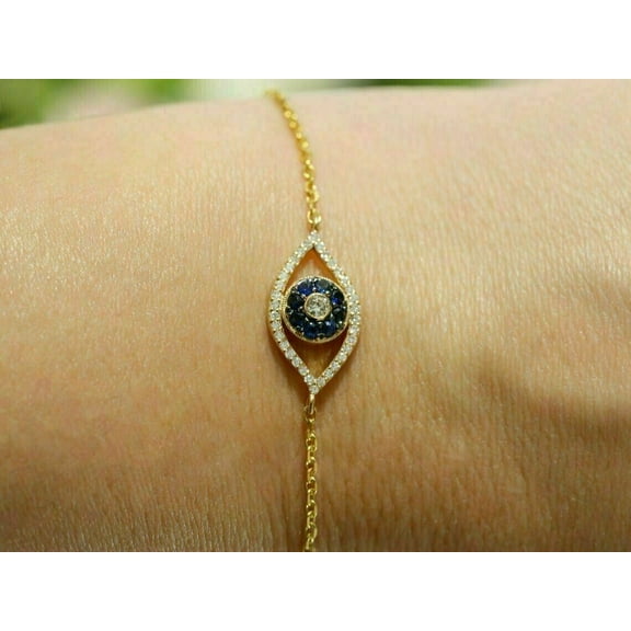 1 Ct Blue Sapphire & Simulated Diamond Evil Eye Bracelet 14k Yellow Gold Plated