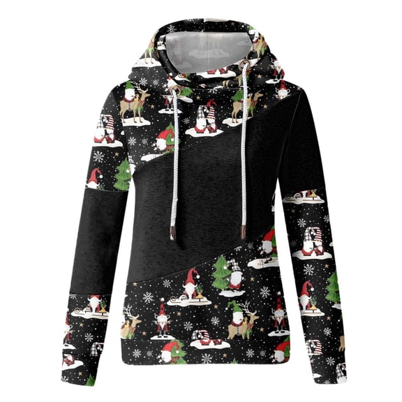 Fesfesfes Women Hooded Casual Slim Christmas Print Pachwork Long Sleeve Tops Blouse Tops on