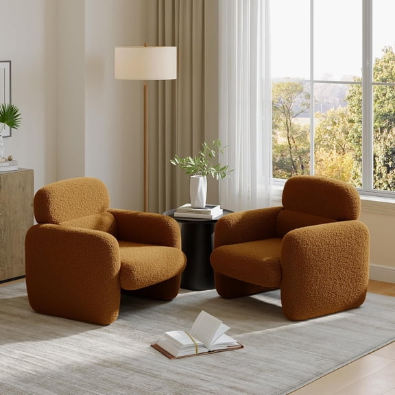 Modern Accent Chair Set of 2, Boucle Upholstered Armchair with Ergonomic Lumbar Support and Wood Frame, Comfortable Reading Chair for Living Room Bedroom Office,Brown