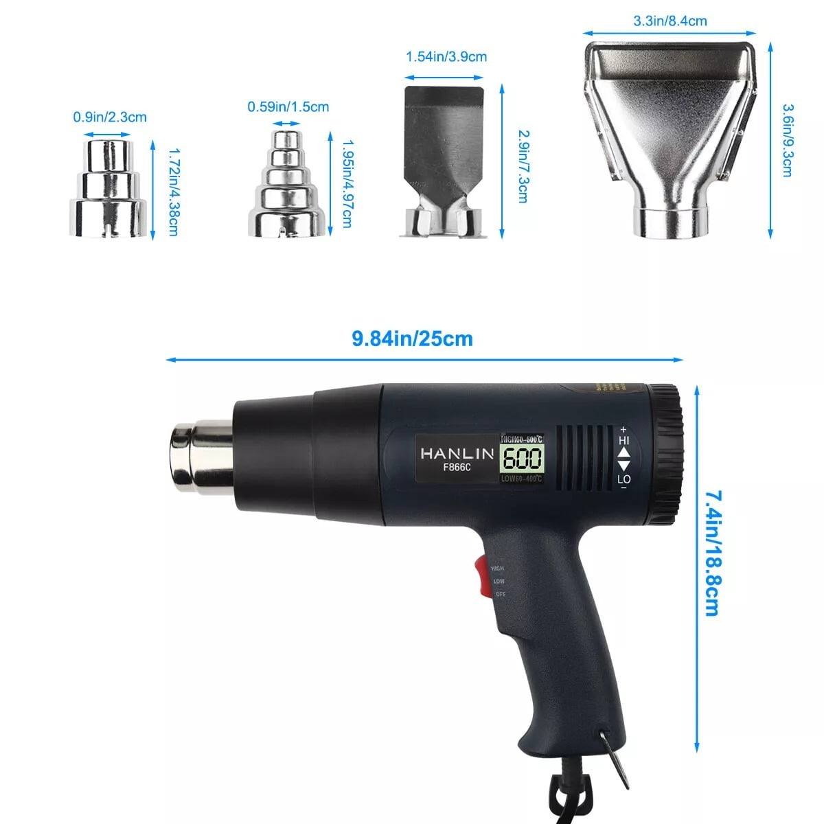 2500W Electric Heat Gun with LCD Display, Dual Temperature Control, 4 Nozzles for Shrinking, Paint Removal, Rust Loosening, and DIY Projects