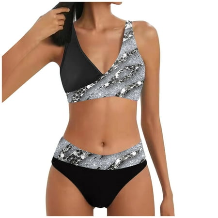 QYZEU Swimsuit for Women 2024 Tankini Bathing Suit Top Women s Two Piece Bikini Split Print Hot Push Up Bikini Swimsuit V Neck Lightweight Swimsuit Underwire Bra Grey 2XL