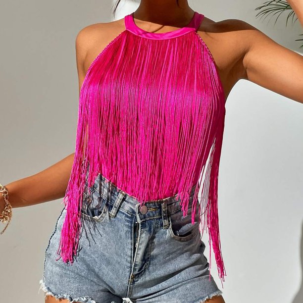 Traje de Baño Borlas Camisas casuales Top Cuello redondo Mujeres Tank Top Ropa diaria (Oro rosa M) Ygjytge Oro rosa T M para Mujer