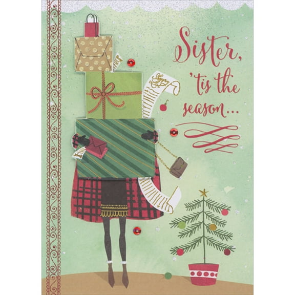 Designer Greetings Tis the Season: Woman Holding 3D Die Cut Stack of Gifts and Long Shopping List Hand Decorated Christmas Card for Sister