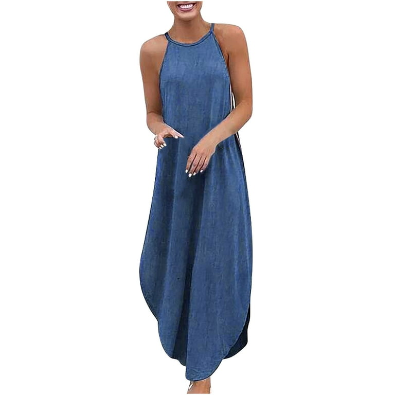 pstuiky Summer Dresses for Women, Denim Shirt Dress Solid Color Short  Sleeve V-Neck Sundresses with Pockets Floor Length Dresses Women's Cocktail  ...