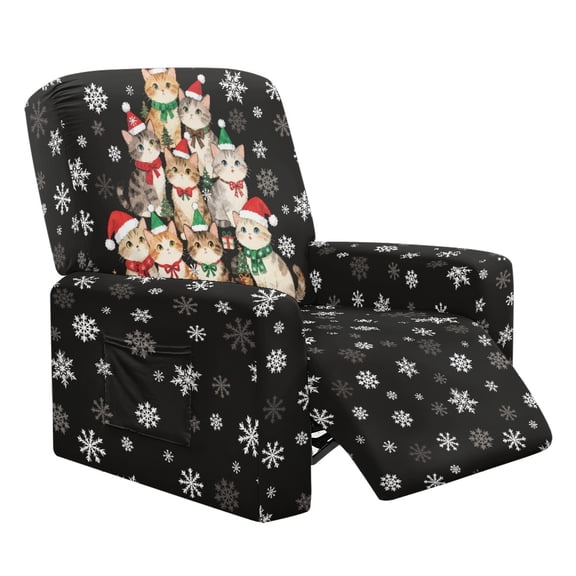 HELLHERO Christmas Recliner Chair Covers with Festive Cats Print, 4 Pack Durable Anti Tear Polyester Spandex Slipcover for Home Living Room