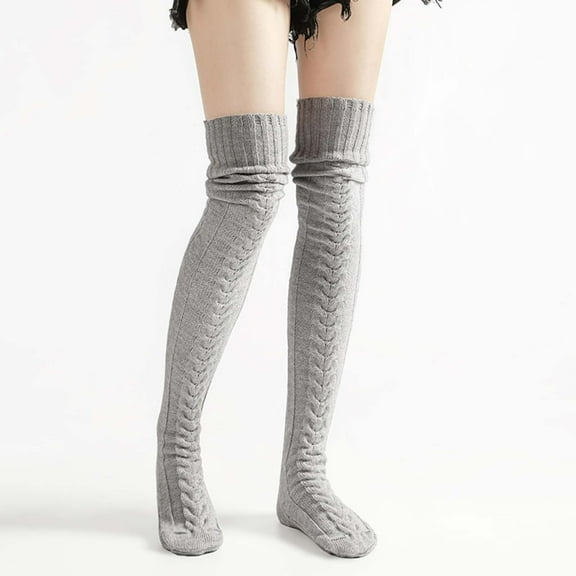 Womens Crew Socks Cotton, Women's Warm Solid Color Over-the-Knee Socks Women's Cable Knitted Stacked Socks New Thin Athletic Socks Women Style B-125 Gray M