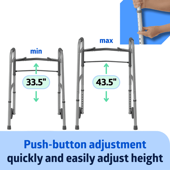 Medline Folding Walker for Juniors, 5-In Wheels, 300 lb Weight Capacity, Aluminum, Silver